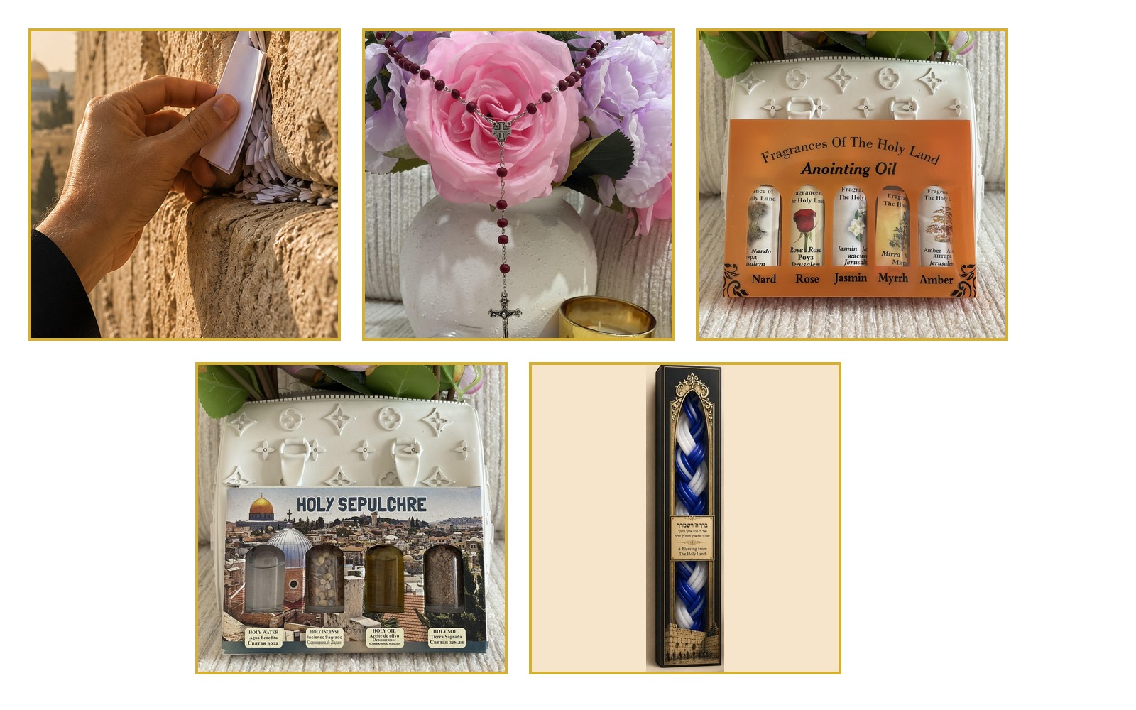 All five items in the Complete Blessing Bundle: Western Wall prayer, Jerusalem rosary, Holy Sepulchre set, anointing oils, and blessing candle