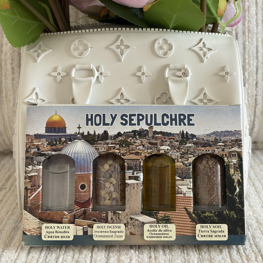 Holy water, incense, oil, and soil from the Holy Sepulchre in Jerusalem