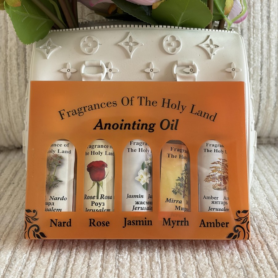 Five anointing oil fragrances from the Holy Land: Nard, Rose, Jasmin, Myrrh, Amber